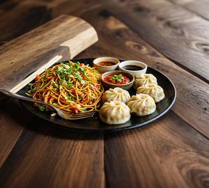 Veg chowmin with 12 juicy momos