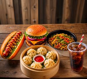 I burger + 1 hot dog + chowmein + 12 pc steam momos + 1 (250 ml pepsi.!