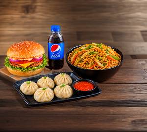 1 burger + 1 chowmein + 5 pc veg steam momos + 1 small pepsi 250 ml