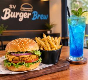Veg burger with fries with mocktail