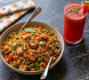Schezwan Rice Chicken + Watermelom Juice  Cold Pressed