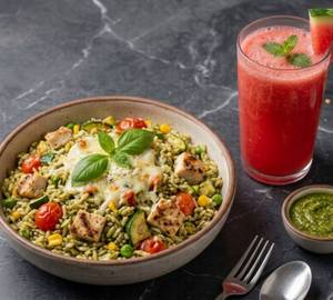 Basil Pesto Rice Chicken Cheese + Watermelon Juice Cold Pressed