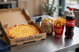 Golden Corn + Supreme Veg Burger + Peri - Peri Fries + Cold Drink @ 20