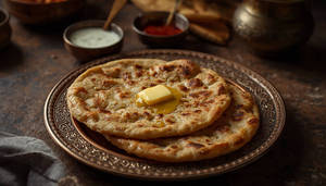 2 Tandoori Aloo Pyaz Parathe + Dahi (100 Ml) + Achaar + Butter