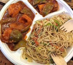 Paneer Manchurian gravy and veg noodles