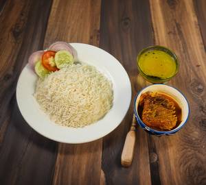 Steamed rice with jeera bata rui curry