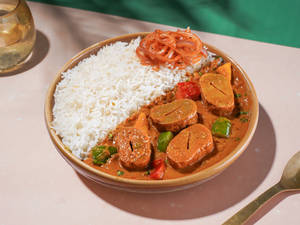 Steam Rice with Kadhai Soya chaap