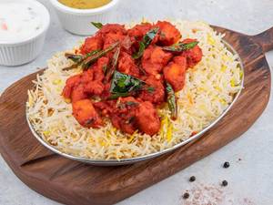 Special Chicken 65 Biryani Full Boneless Pieces With Raita & Salan