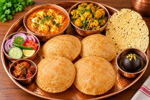 North Indian Thali(4 puri ..paneer..sabji..sukhi sabji..pulav..rice..1 sweet ...salad..achar..papad.