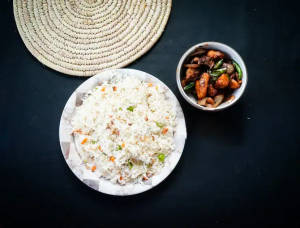 Veg Fried Rice with a portion of Chicken Dry Fry