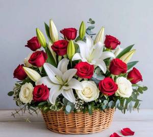 Lily And Rose Basket Arrangement.