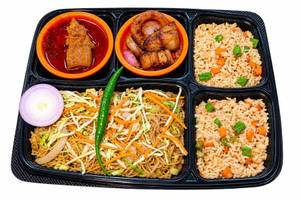 Veg Fried Rice+ Veg Chowmein With Pork Masala And Chilly Pork
