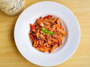 Penne With Pink Curried Sauce And Market Vegetables