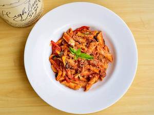 Penne With Pink Curried Sauce And Market Vegetables