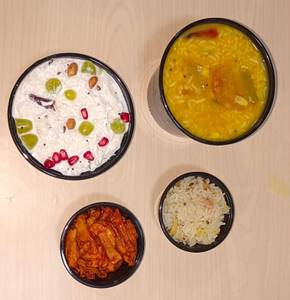 Sambar Rice + Chicken Fry + Curd Rice + Dessert