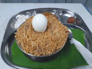 Egg biryani with beef boti fry