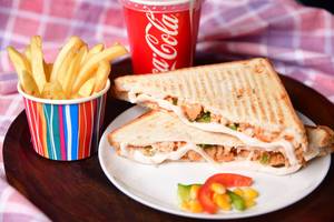 Chicken Cheese Sandwich With Fries  And Cold Drinks
