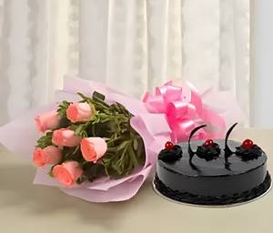 Chocolate Truffle Cake With 6 Pink Roses