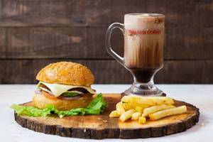 Paneer Cheese Burger With Kit Kat Coffee And French Fries