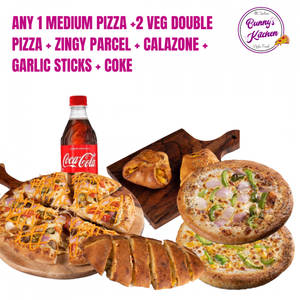 Any 1 Med Pizza+2 Veg Double Pizza +zingy+calzone+garlic Sticks+coke