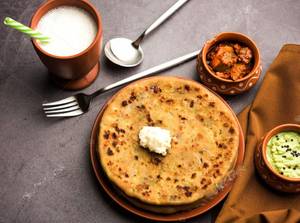 Aalu prantha [2 pieces] + butter + chutney + aachar