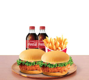 2 Crunchy Burger + 1 Medium Fries + 2 ( 250 Ml ) Cola Or Sprite