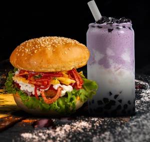 K-Pop Aloo Tikki Burger + Taro Lava Bubble Tea