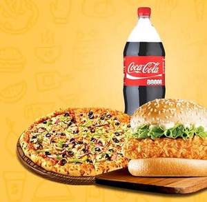 Veg Pizza[Medium 6 slice]+ Veg Burger+ Cold Drink 250Ml