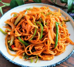 Wok Fried Noodle With Green Vegetables In Soya Garlic Sauce