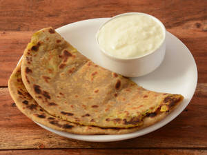2 Aloo Pyaz Paratha with Dahi and Achar 
