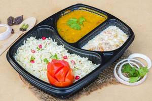 Dal Fry With Jeera Rice And Boondi Raita