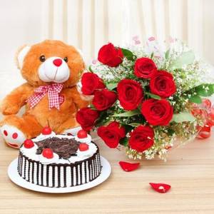Black Forest Cake 500gm& 10pc Red Rose Bunch & 6inch Taddy