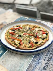 Roast Chicken And Pepper On Pesto Pizza