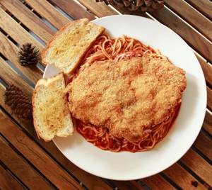 Chicken Schnitzel Pasta In Red Sauce