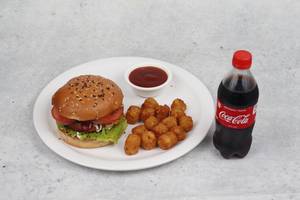 Crispy Veg Burger + Chilli Garlic Potato Shots [15 Pieces+ Coke [250 Ml]