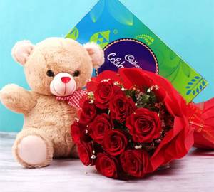 Enchanting You Hamper ,10 Roses , 1 Celebration , 1 Teddy