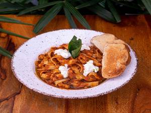 Non Veg Fettuccini Arrbiata With Burrata & Basil Oil