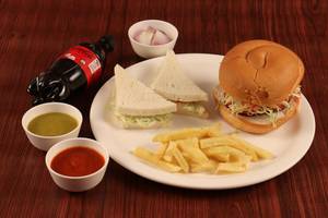 Veg Burger + Veg Grilled  Sandwich + French Fries + Cold Drink 250 Ml