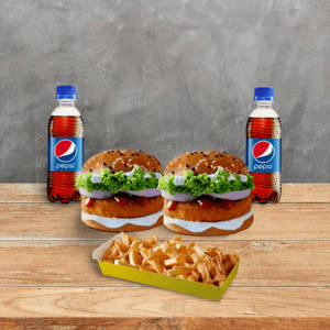 2 Crispy Veg Burger With 1 Cheese Fries And 2 Pepsi [250 Ml]