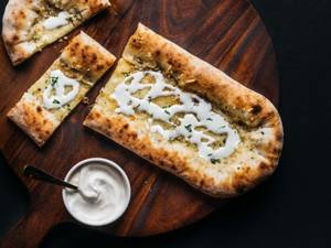 Stuffed Garlic Bread with Smoked Blue Cheese Splash