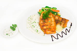 Grilled Fish with Mashed Potato & Vegetables in Lemon Caper Sauce