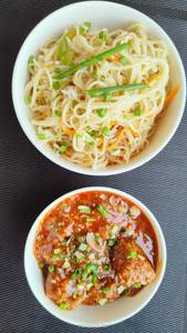 Pan seared vegetable Hakka Noodles with Vegetable Manchurian