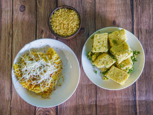 Cheese Locho (120 gm)  and Vagharela Khaman (150 gm) with Sev
