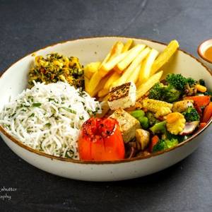 Grilled Exotic veggies+Brown sauce+Herb rice+Fries