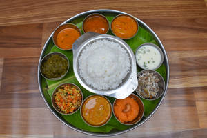 Meals (Rice + Sambar + Kara Kozhambu + Rasam + Koottu + Poriyal + Appalam + Pickle)