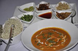 Burmese Chicken Khao Suey with Noodles and Accompaniments