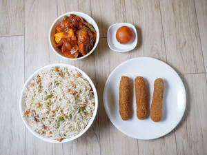 Egg Chicken Fried Rice + Chilli Fish( 3Pcs) + Fish Finger ( 2Pcs) + Sweet. Serves 1.       
