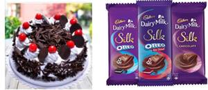 Black Forest Cake (1.5 Lbs) + Dairy Milk Silk (60g)+ 1 Red Rose