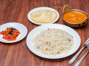 Ghee Rice + Chicken Curry + Pickle + Papadam      