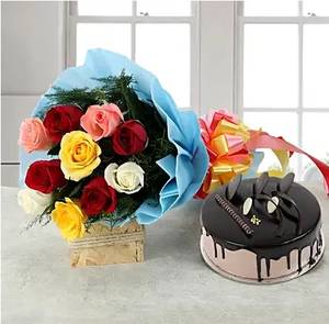 Chocolate Cake With 10 Mixed Roses